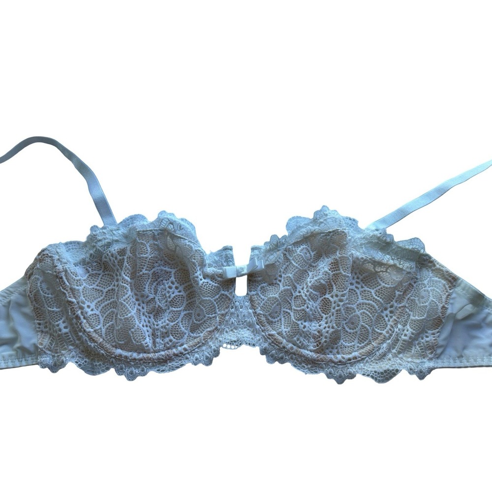 34DD Frederick's Of Hollywood White & Beige Lace Bra Bow Lingerie Coquette